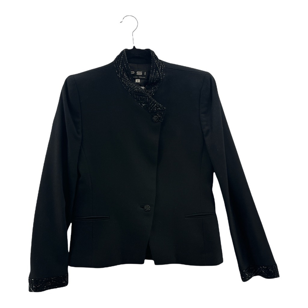 Psi By Michael Hrnjak Womens Suit Jacket Blazer Black Long Sleeve Beads Button 8